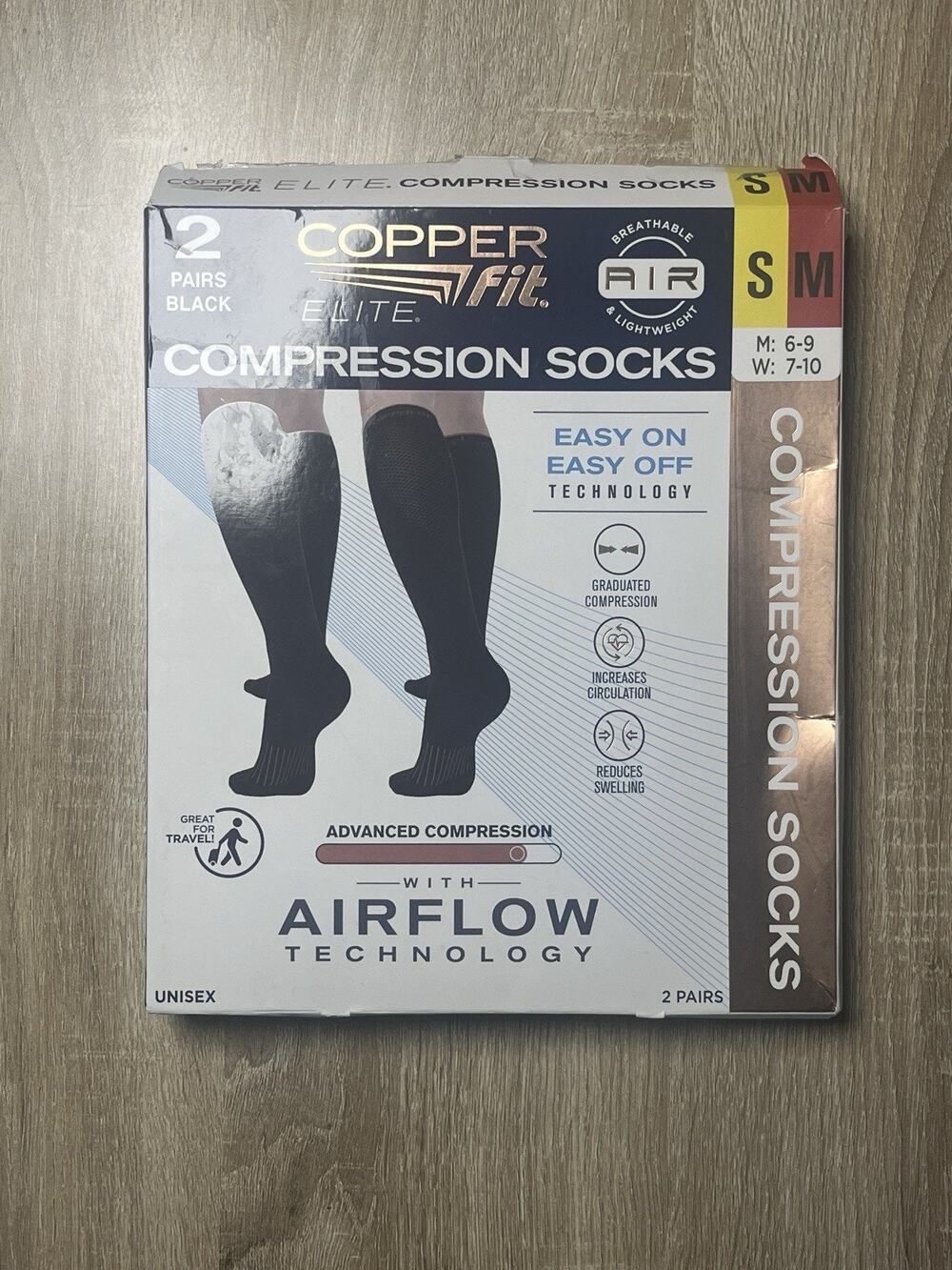 NEW Copper Fit Unisex 2-Pk Elite Compression Socks Black S/M - M: 6-9 - W: 7-10
